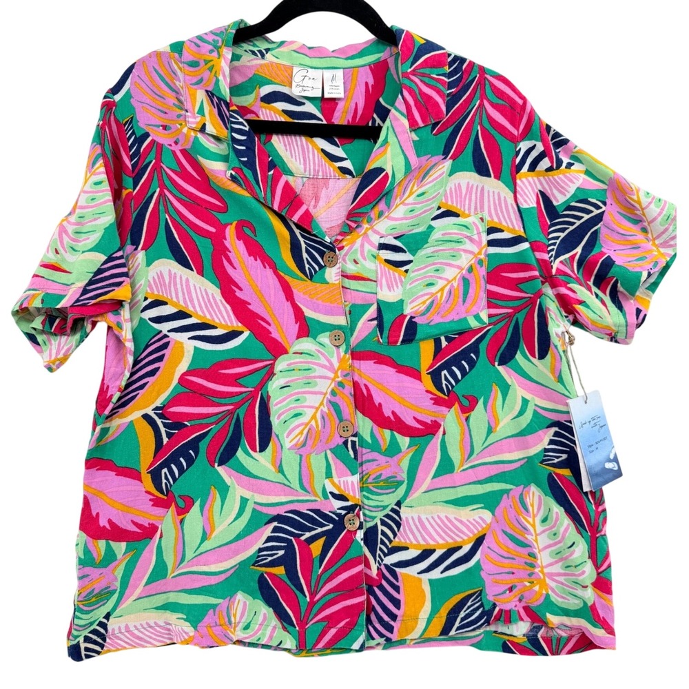 NWT Tropical Button Up‎ Camp Shirt M Linen Blend Multicolor Short Sleeve